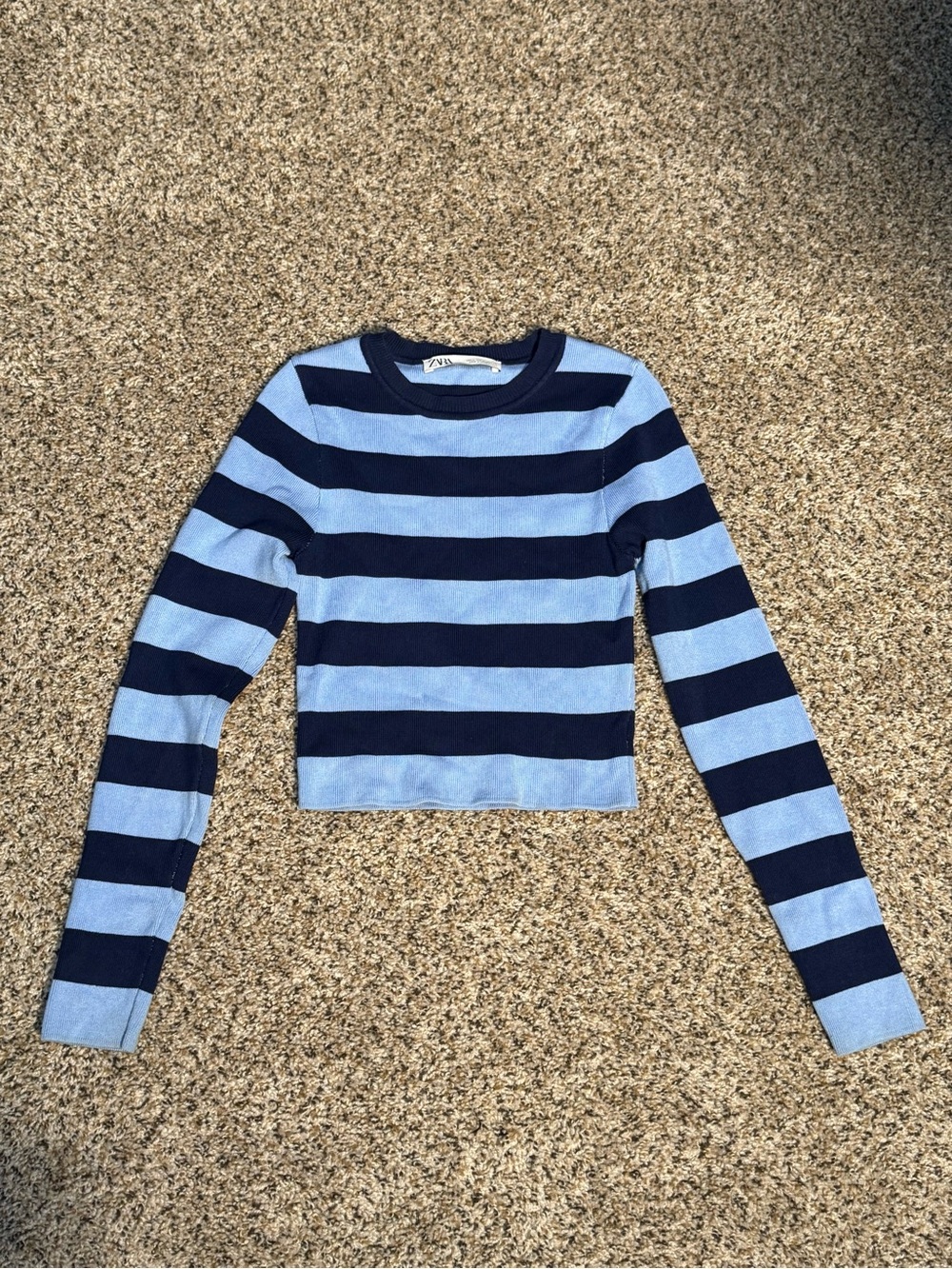 Zara Striped Long-Sleeve Crop Top - Navy and Light Blue
